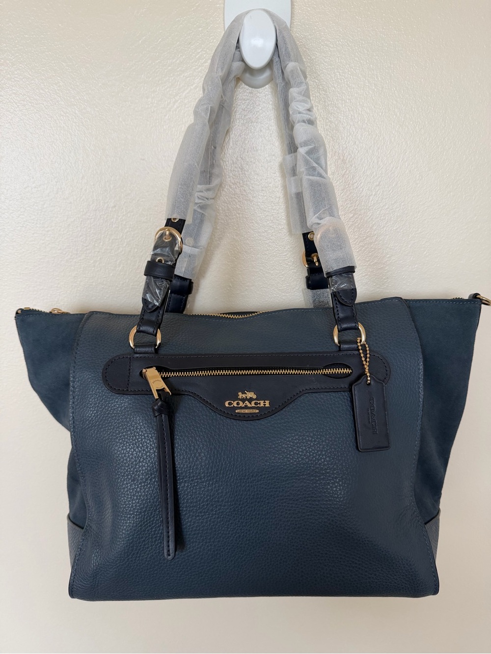 COACH C5689 Kleo Carryall Denim Blue Multi Leather Suede Satchel Crossbody Bag